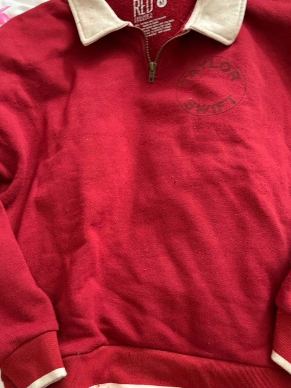 Taylor Swift Red Zip-Up Pullover with Cream Collar